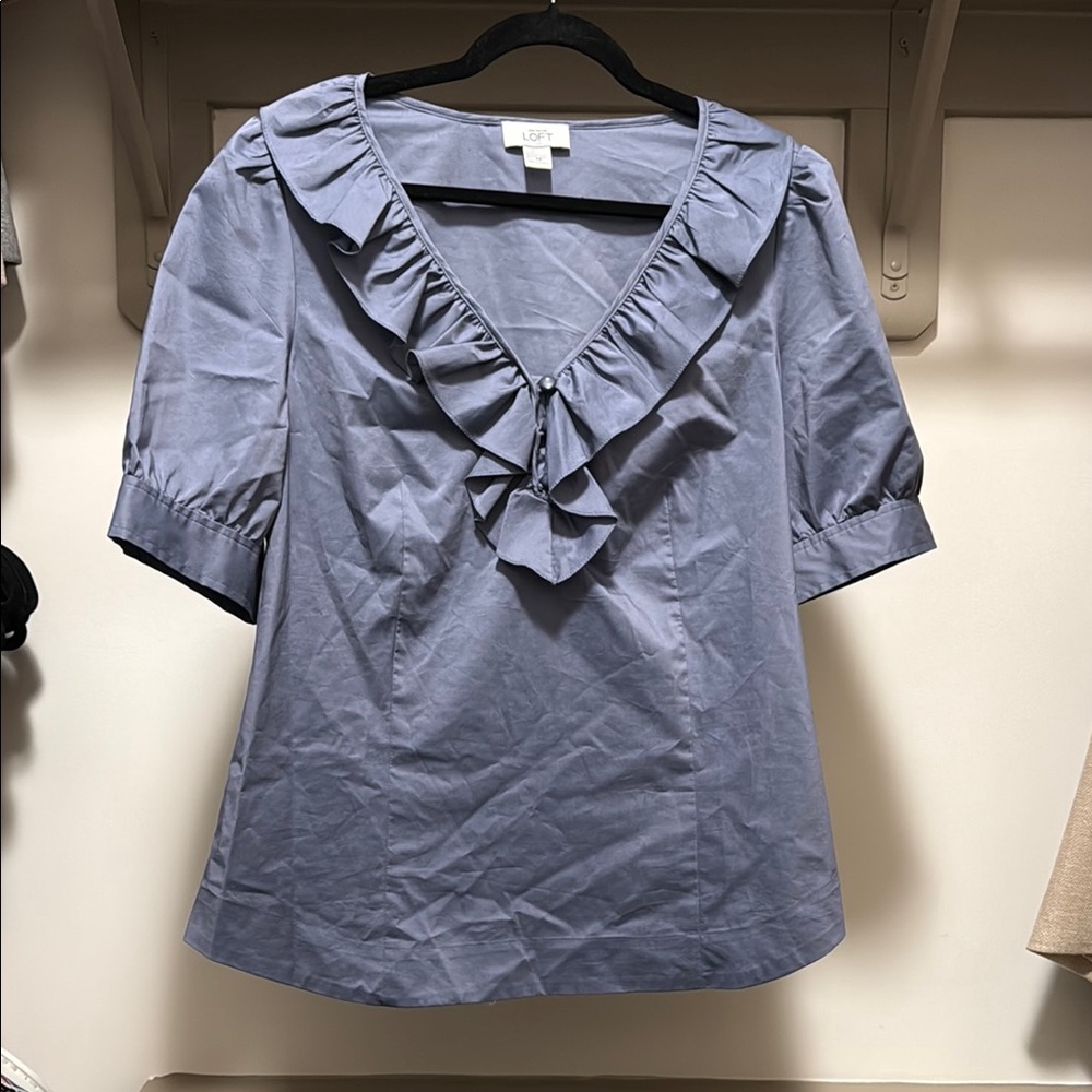 LOFT Blue Ruffled Bib Collar Blouse